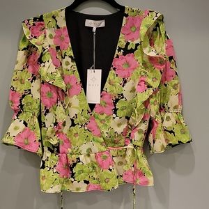 Wayf Medium Pink & Green Floral Wrap Top